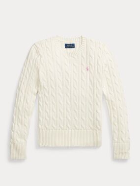 Polo by Ralph Lauren Off-White Cable-Knit Crewneck Sweater with Pink Pony